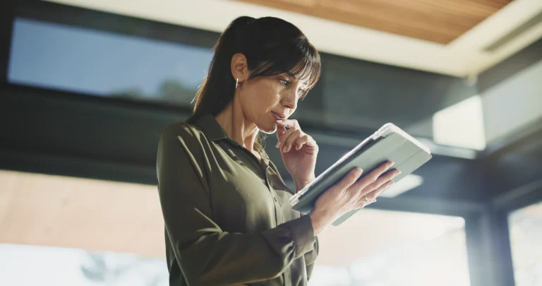 Thinking, business and woman with tablet, below and news agency with planning for column.
