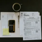 Tax documents and calculator on desk.